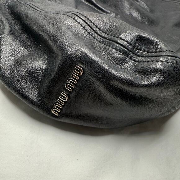 Miu Miu Designer Black Glaze Nappa Leather Silver Tone Satin Hobo Shopper Tote - Picture 6 of 13